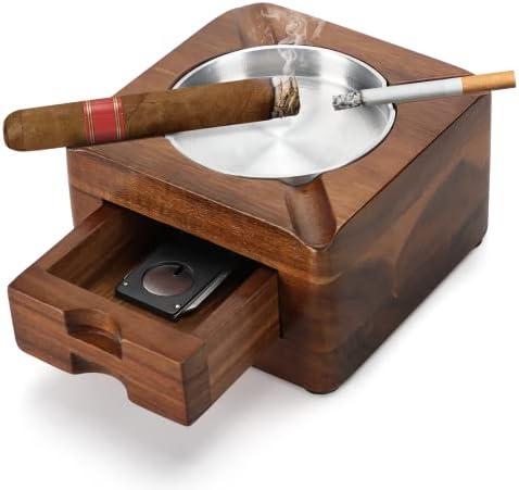 Tesonway Wooden Cigar Ashtray with 4 Slots and Drawer