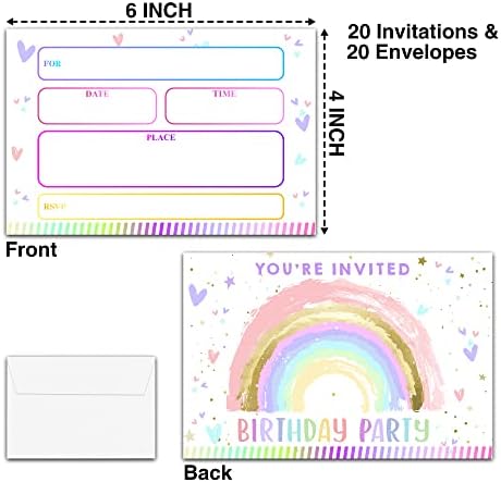 YSTEP Rainbow Birthday Invitations 20 Pack with Envelopes