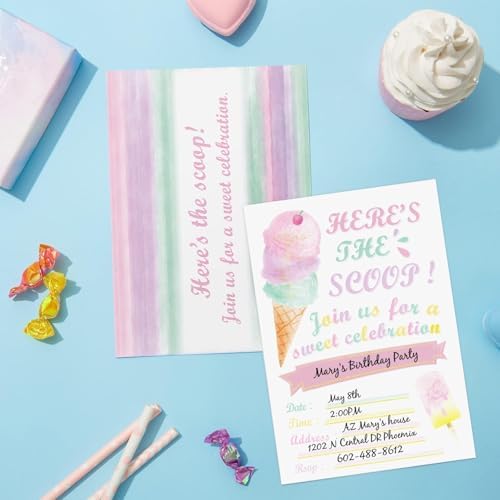 WERNNSAI Ice Cream Party Invitations with Envelopes - 20 Sets