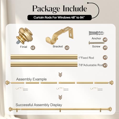Heavy Duty Curtain Rods 28-88 Inches Gold Finishing Single Rod