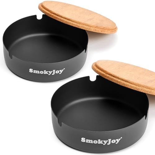 SmokyJoy Windproof Ashtray 2 Pack Black Stainless Steel