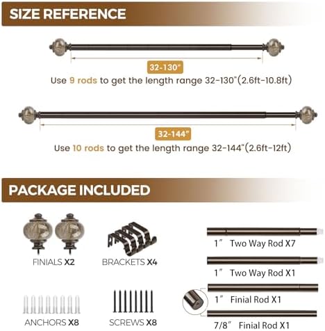 KAMANINA 1 Inch Bronze Curtain Rods 72-144 Inches Adjustable Heavy Duty