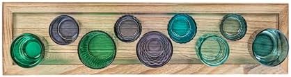 Creative Co Op Wood Tray with 9 Blue and Green Glass Votive Holders