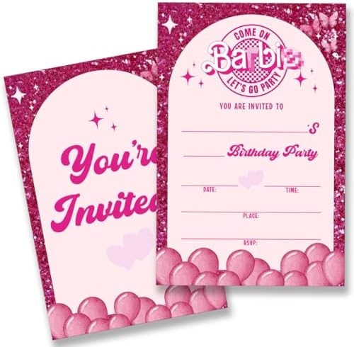Pink Doll Birthday Party Invitations with Envelopes Set of 20