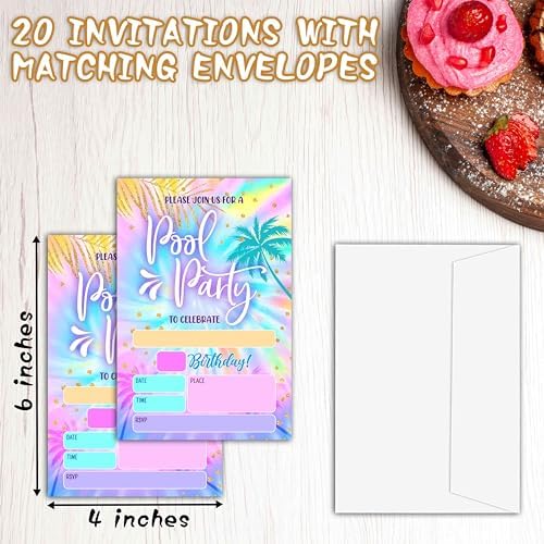 Tie Dye Birthday Invites for Kids 20 Cards with Envelopes
