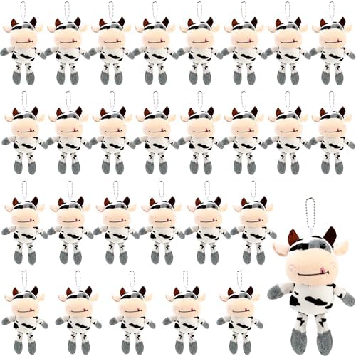 28 Pcs Plush Cow Keychain Cute Farm Animal Keyring Set