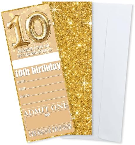 10th Birthday Party Invitations Gold Balloon Glitter Cards