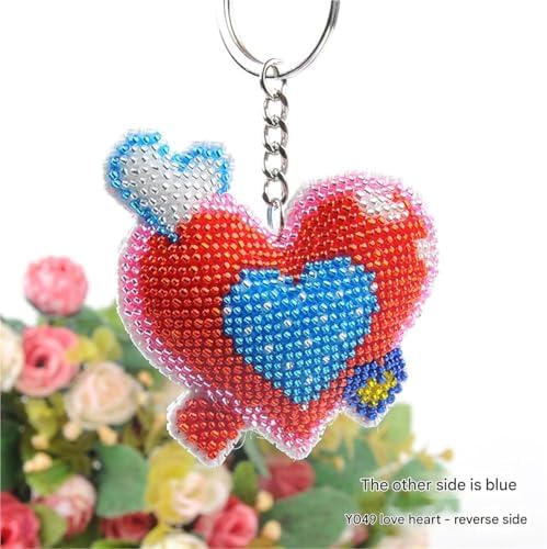 Beaded Heart Keychain for Couples - Red Blue Cross Stitch Charm