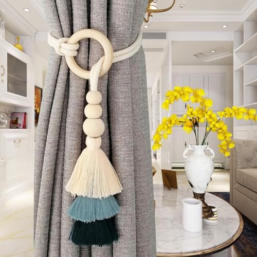 2pcs Wooden Bead Curtain Tiebacks Bohemian Decor Blue