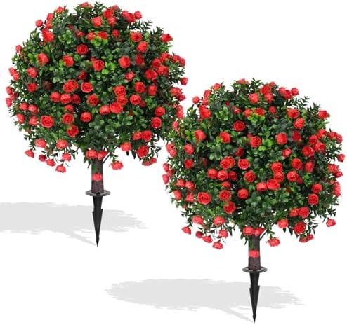EverNature Artificial Topiary Ball with Red Rose 2 Set UV Resistant Fake Plants