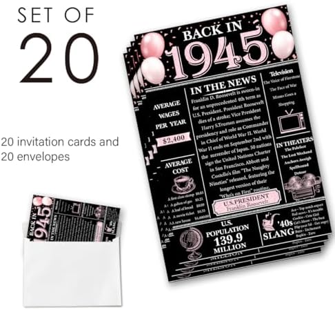 80th Birthday Invitations Set with Envelopes - Pink Design 1945 Theme