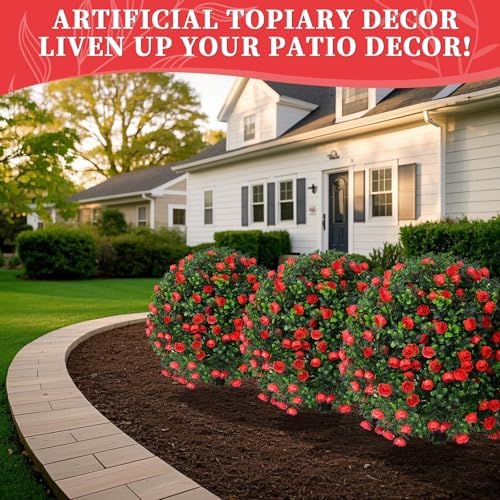 EverNature Artificial Topiary Ball with Red Rose 2 Set UV Resistant Fake Plants