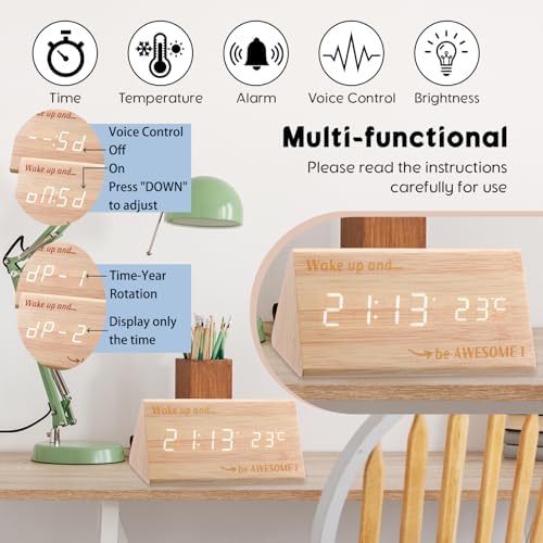 Wooden Digital Alarm Clock with LED Display and Temperature Sensor