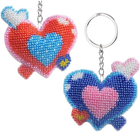 Beaded Heart Keychain for Couples - Red Blue Cross Stitch Charm