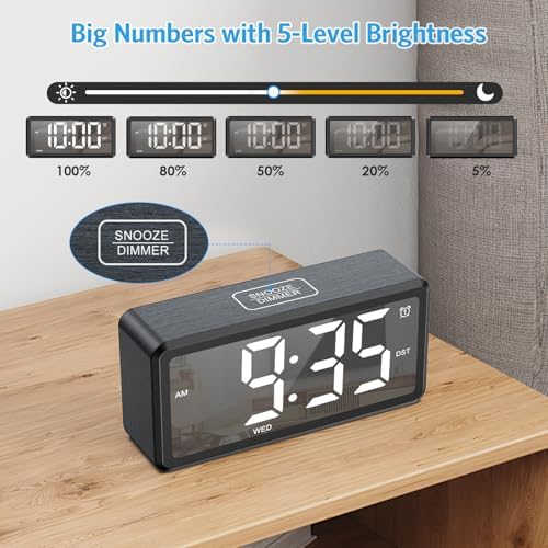 AMIR Wooden Alarm Clock with 2 Alarms and USB Charging