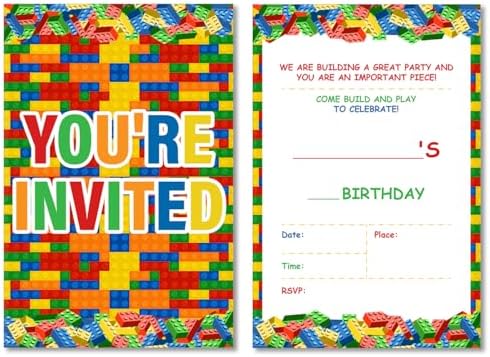 Soiceu Building Blocks Birthday Invitations Set of 20
