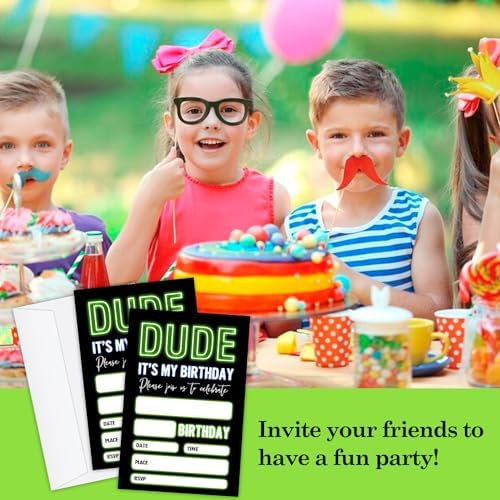 20 Neon Glow Birthday Invites with Envelopes for Boys