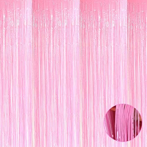 4 Pack Macaron Pink Foil Fringe Curtains for Party Backdrops