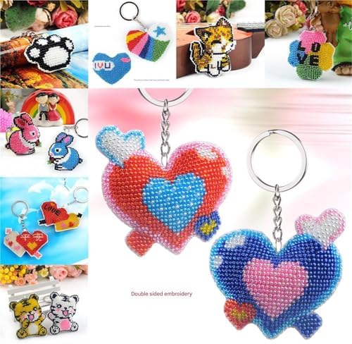 Beaded Heart Keychain for Couples - Red Blue Cross Stitch Charm