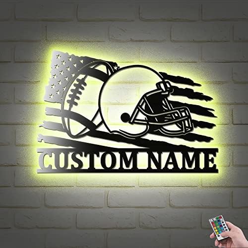 Custom US Football Helmet Metal Wall Art With LED Lights 14x14 Inches