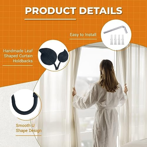 Premium Metal Leaf Curtain Holdbacks 2 Pack Matte Black Heavy Duty Hooks