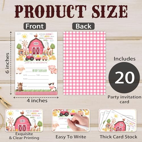 Geuro Barn Farm Animals Birthday Party Invitation 20set Pink