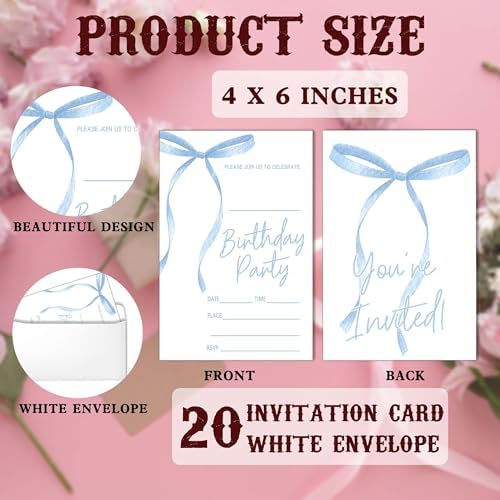 SIXEIGHT Blue Bow Birthday Invitations 4x6