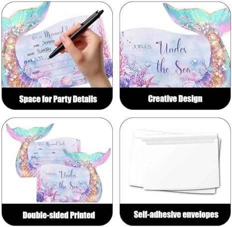 Mermaid Birthday Invitations with Envelopes 5x7 Inches