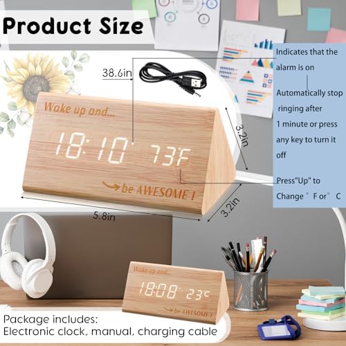 Wooden Digital Alarm Clock with LED Display and Temperature Sensor