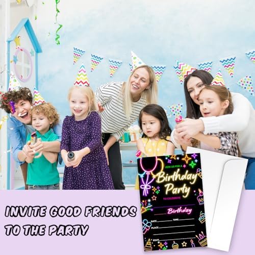 Zodvery Neon Birthday Party Invitations Cards 20pcs Set