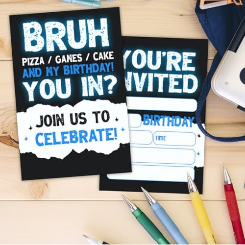 Pizza Games Cake Birthday Party Invitations Set