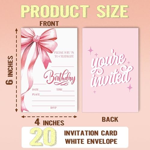 Pink Bow Birthday Party Invitation Cards 20pcs with Envelopes