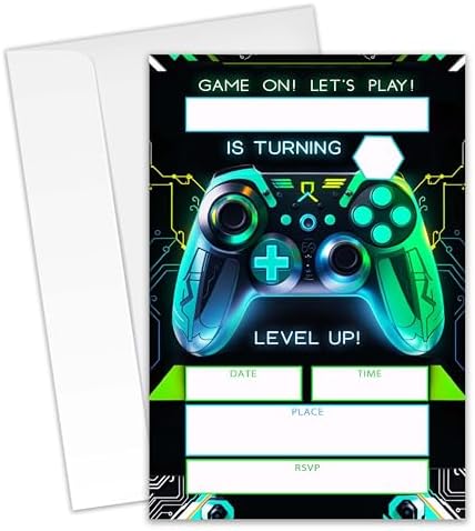 Gaming Birthday Invitations Set - 20 Cards with Envelopes