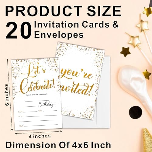 Lets Celebrate Gold Confetti Birthday Invites With Envelopes 20 Pack