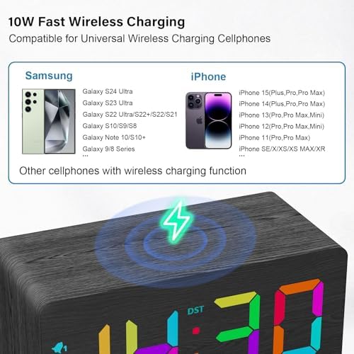 Wooden Digital Alarm Clock with RGB Display and Dual USB Charging Ports