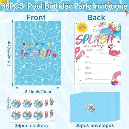 36PCS Pool Birthday Invitations with Stickers and Envelopes