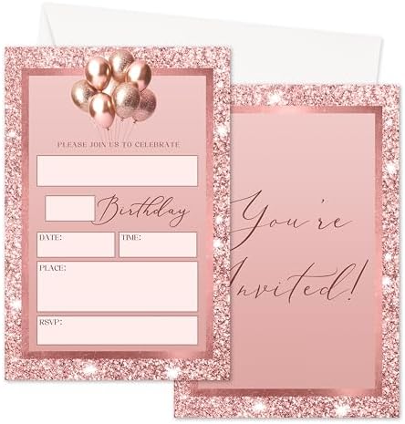 Rose Gold Birthday Invites for Kids Set of 20 with Envelopes