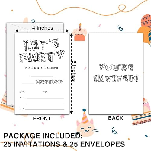 Black and White Birthday Invitations 25 Cards with Envelopes