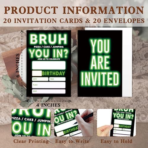 UIBOVA Birthday Invitations Glow Neon 20 Pcs 4x6 Party Invite Cards with Envelopes