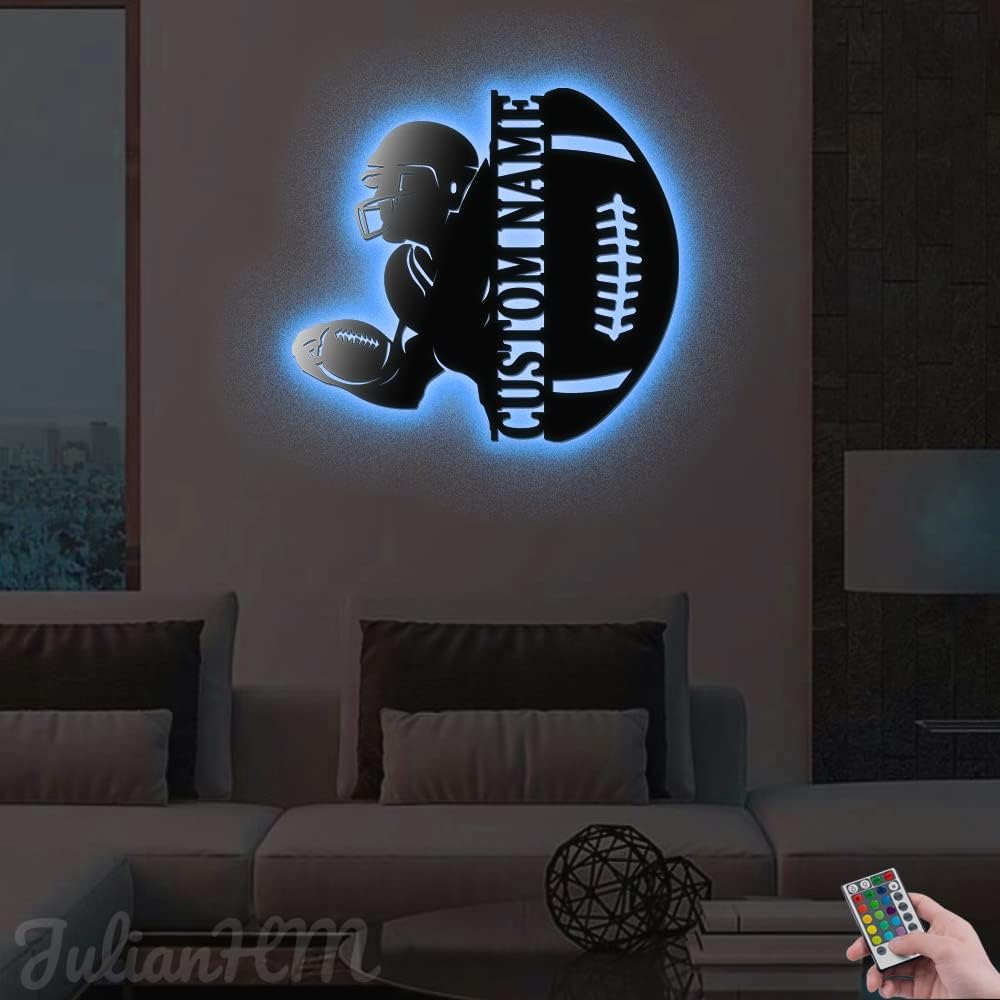 Custom Football Player V1 Metal Wall Art With LED Lights 16x16 Inches