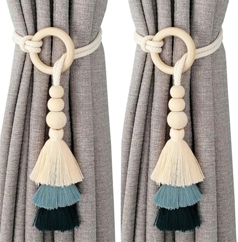 2pcs Wooden Bead Curtain Tiebacks Bohemian Decor Blue