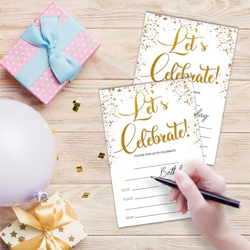 Lets Celebrate Gold Confetti Birthday Invites With Envelopes 20 Pack