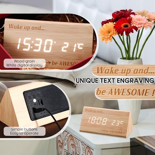 Wooden Digital Alarm Clock with LED Display and Temperature Sensor