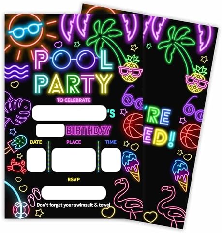 Neon Tropical Beach Birthday Invite Cards Set of 20 with Envelopes C09