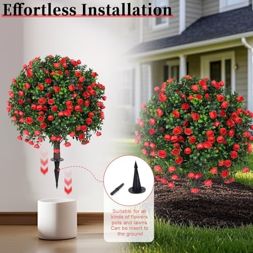 EverNature Artificial Topiary Ball with Red Rose 2 Set UV Resistant Fake Plants