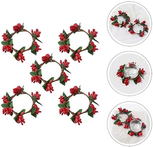 VOSAREA 5pcs Christmas Candle Holders with Pine Berry Wreath Design
