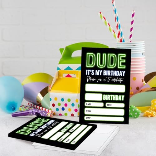 20 Neon Glow Birthday Invites with Envelopes for Boys
