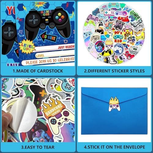 20Pcs Game Party Invitations with Envelopes and Stickers
