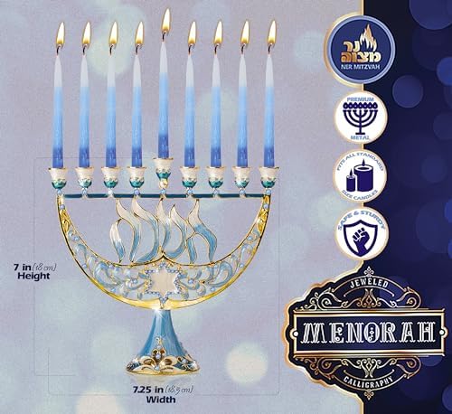 Ner Mitzvah Hanukkah Menorah with Blue Jewels and Star of David