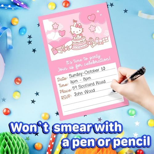 Set of 20 Cute Pink Cat Birthday Invites with Envelopes